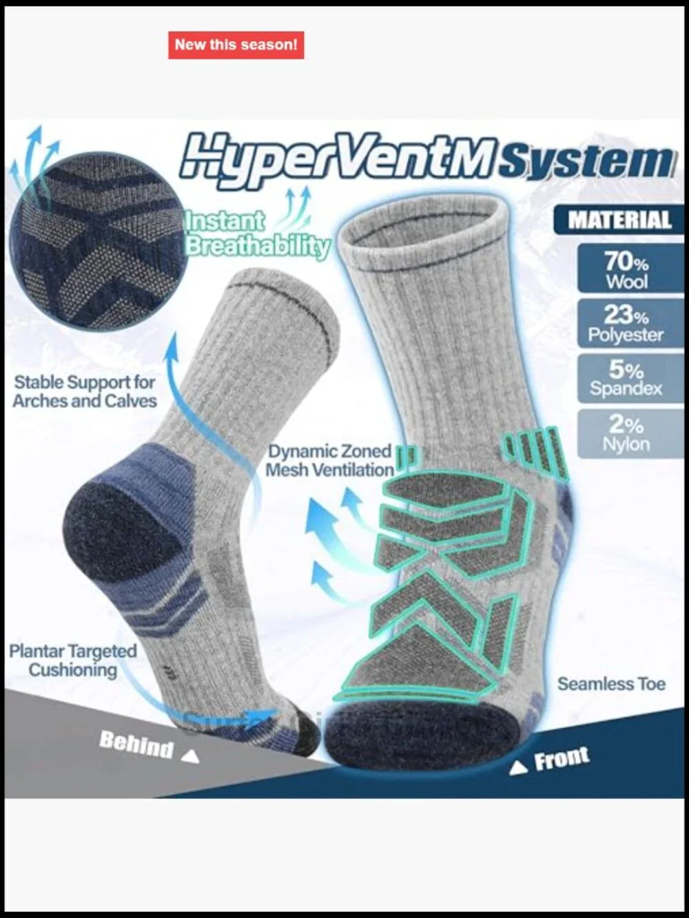 Merino Wool Hiking Socks, Enhanced Breathability, Targeted Cushion, 5 Pairs